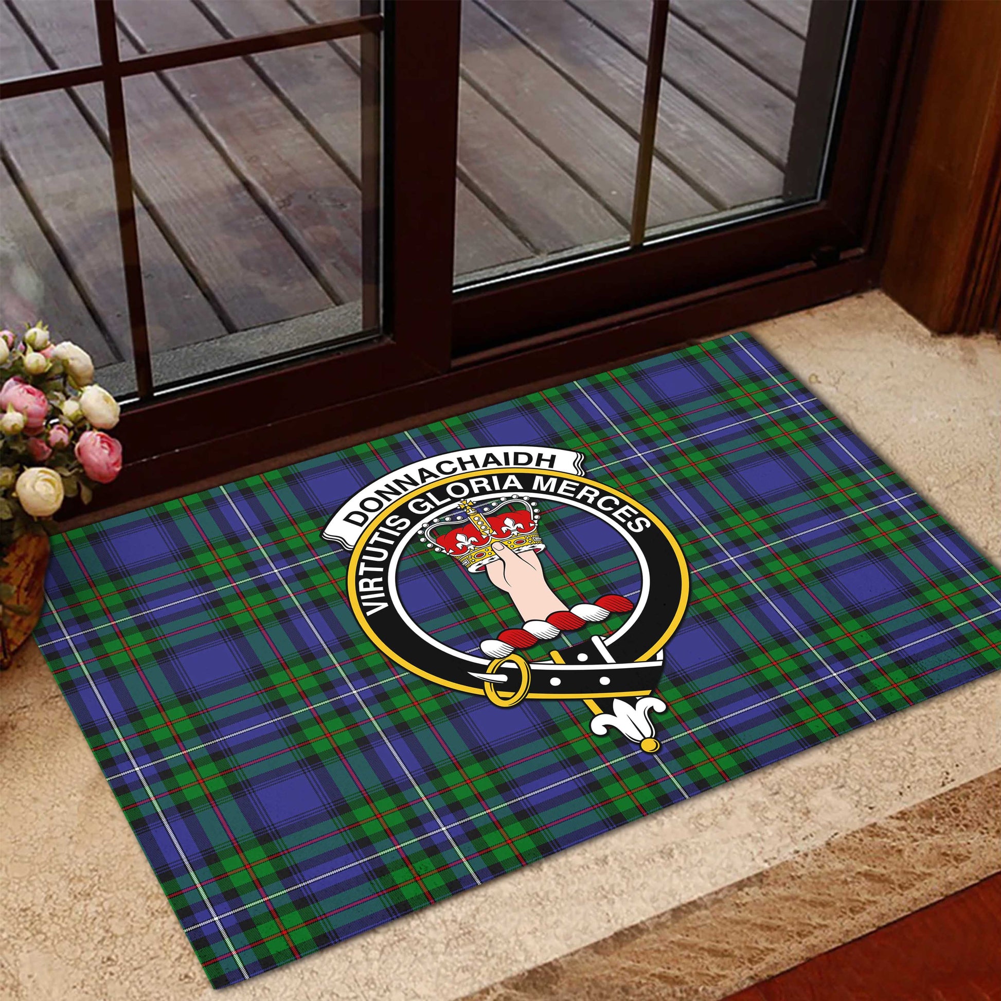 Donnachaidh Tartan Door Mat with Family Crest - Tartanvibesclothing