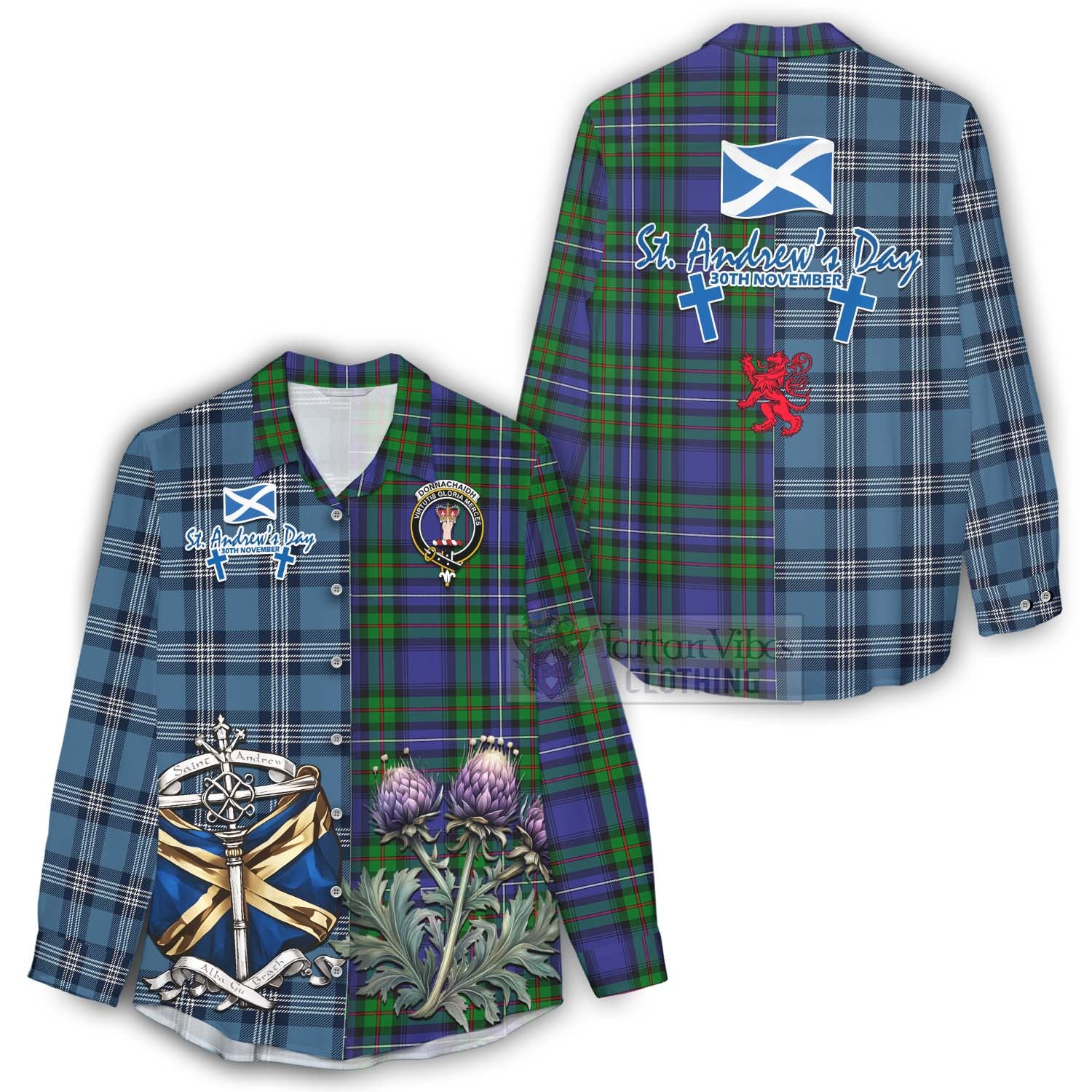 Tartan Vibes Clothing Donnachaidh Tartan Women's Casual Shirt Happy St. Andrew's Day Half Tartan Style