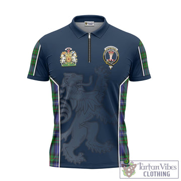 Donnachaidh Tartan Zipper Polo Shirt with Family Crest and Lion Rampant Vibes Sport Style