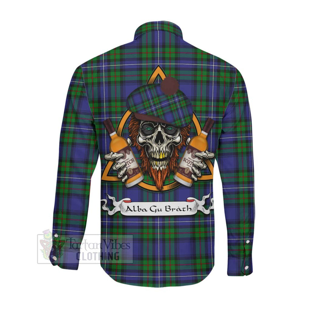 Tartan Vibes Clothing Donnachaidh Tartan Long Sleeve Button Shirt with Family Crest and Bearded Skull Holding Bottles of Whiskey