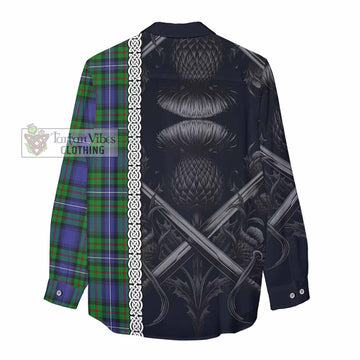 Donnachaidh Tartan Women's Casual Shirt with Family Crest Cross Sword Thistle Celtic Vibes