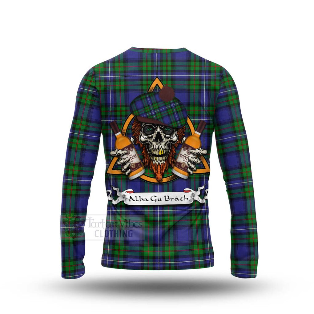 Tartan Vibes Clothing Donnachaidh Tartan Long Sleeve T-Shirt with Family Crest and Bearded Skull Holding Bottles of Whiskey