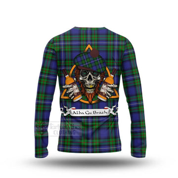 Donnachaidh Tartan Long Sleeve T-Shirt with Family Crest and Bearded Skull Holding Bottles of Whiskey