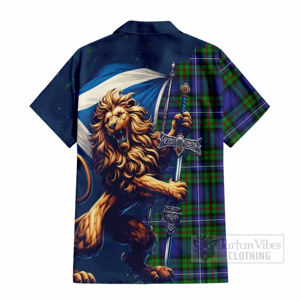 Tartan Vibes Clothing Donnachaidh Tartan Family Crest Short Sleeve Button Shirt with Scottish Majestic Lion