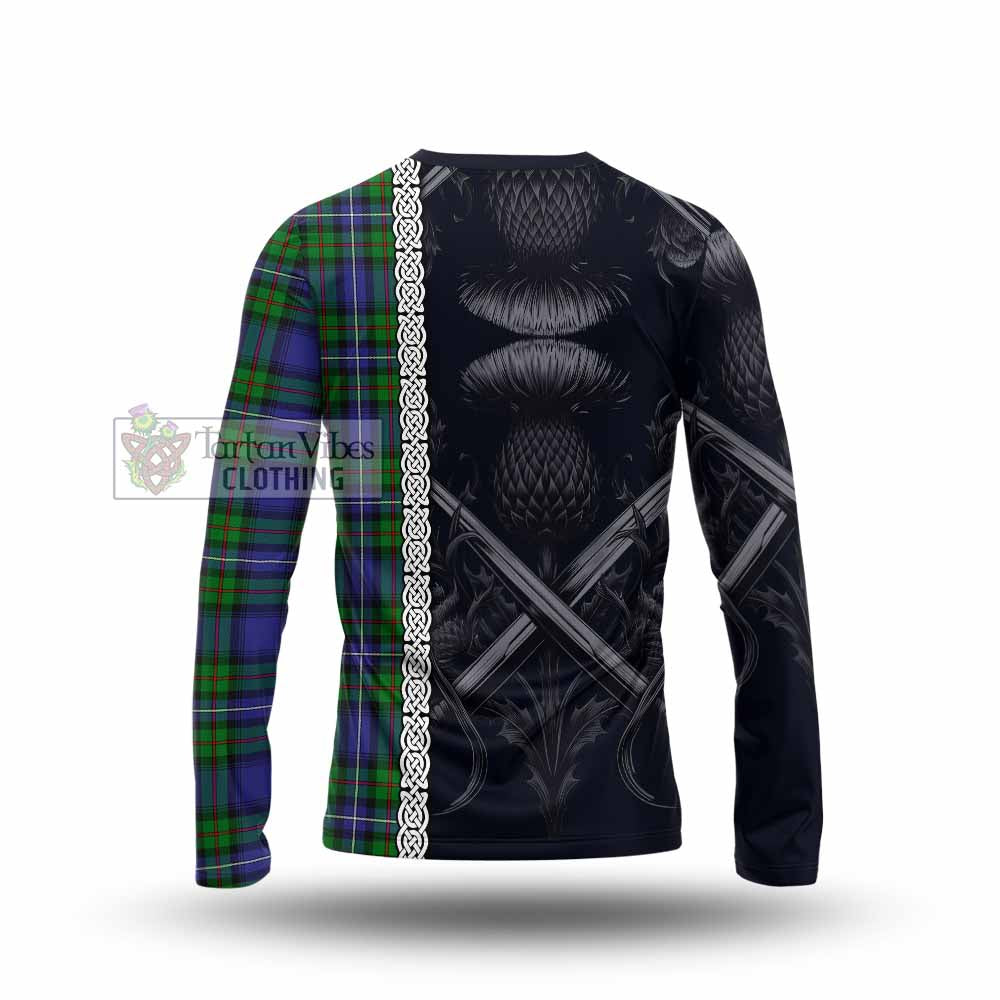 Tartan Vibes Clothing Donnachaidh Tartan Long Sleeve T-Shirt with Family Crest Cross Sword Thistle Celtic Vibes