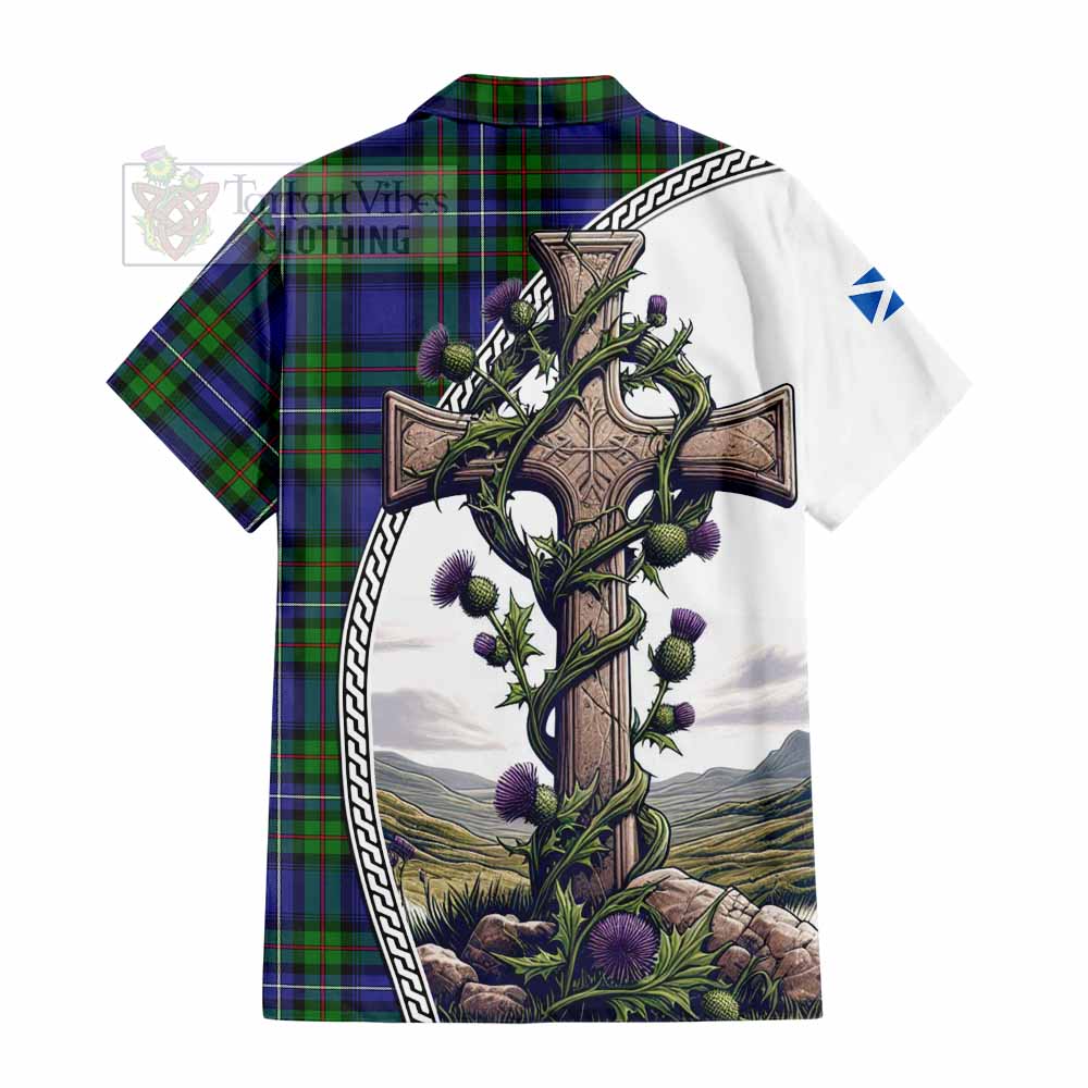 Tartan Vibes Clothing Donnachaidh Tartan Short Sleeve Button Shirt with Family Crest and St. Andrew's Cross Accented by Thistle Vines