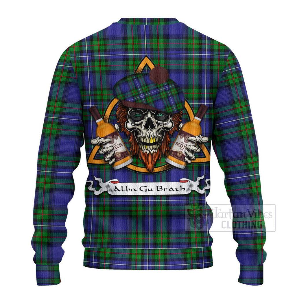 Tartan Vibes Clothing Donnachaidh Tartan Knitted Sweater with Family Crest and Bearded Skull Holding Bottles of Whiskey