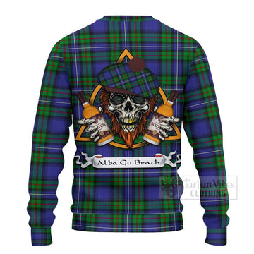 Donnachaidh Tartan Ugly Sweater with Family Crest and Bearded Skull Holding Bottles of Whiskey