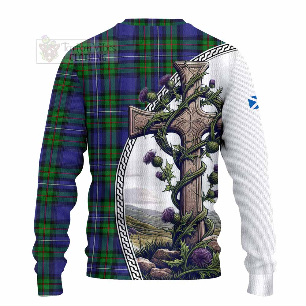 Tartan Vibes Clothing Donnachaidh Tartan Knitted Sweater with Family Crest and St. Andrew's Cross Accented by Thistle Vines