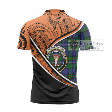 Donnachaidh Crest Tartan Zipper Polo Shirt with Polynesian Vibes Style - Orange Version