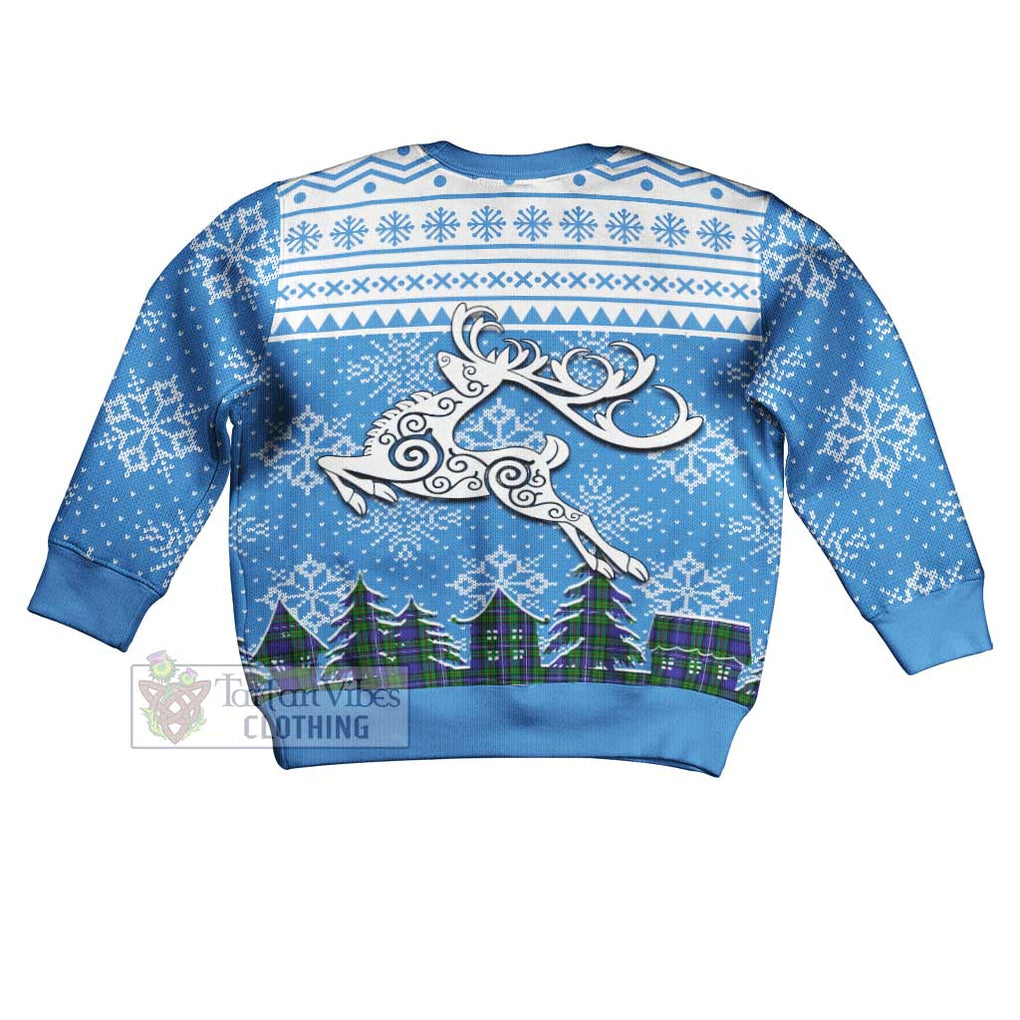 Tartan Vibes Clothing Donnachaidh Clan Christmas Kid Ugly Sweater with Tartan and Celtic Raindeer Style