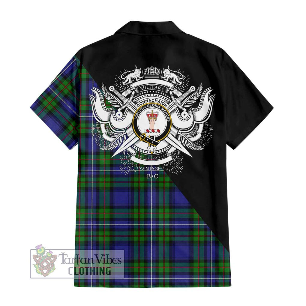 Donnachaidh Tartan Short Sleeve Button Shirt with Family Crest and Military Logo Style - Tartanvibesclothing Shop