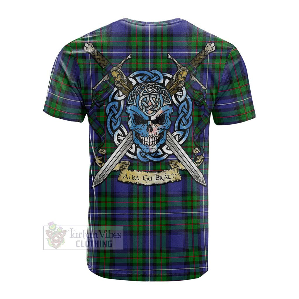 Tartan Vibes Clothing Donnachaidh Tartan Cotton T-shirt with Family Crest Celtic Skull Style