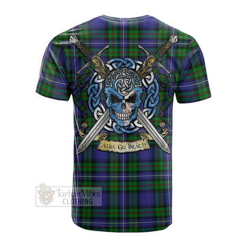 Donnachaidh Tartan Cotton T-shirt with Family Crest Celtic Skull Style