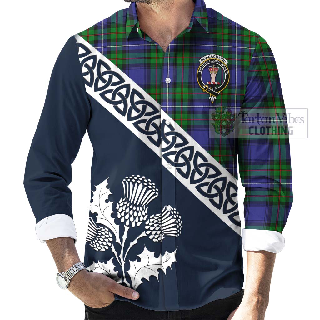 Tartan Vibes Clothing Donnachaidh Tartan Long Sleeve Button Shirt Featuring Thistle and Scotland Map