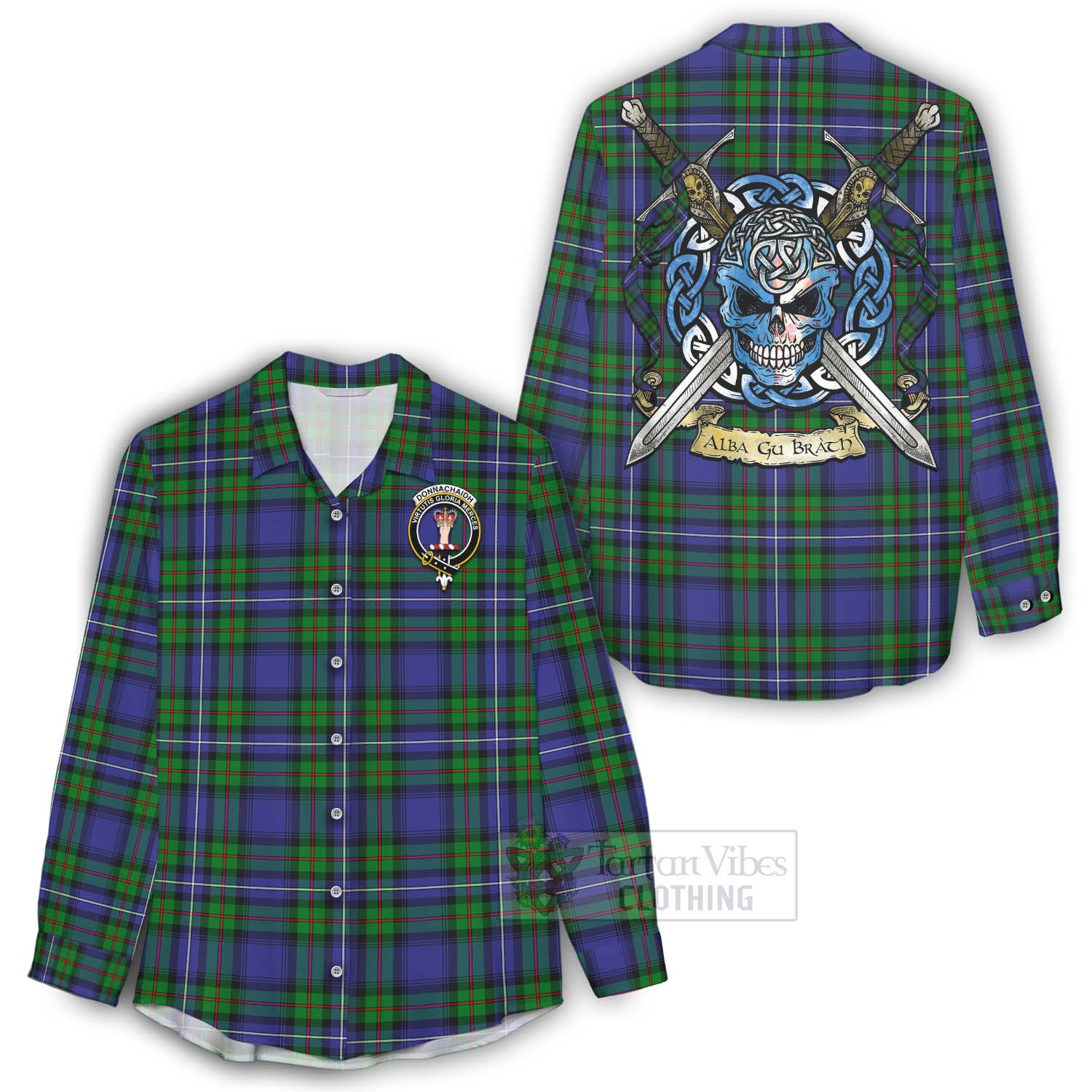 Tartan Vibes Clothing Donnachaidh Tartan Women's Casual Shirt with Family Crest Celtic Skull Style