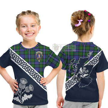 Donnachaidh Tartan Kid T-Shirt Featuring Thistle and Scotland Map