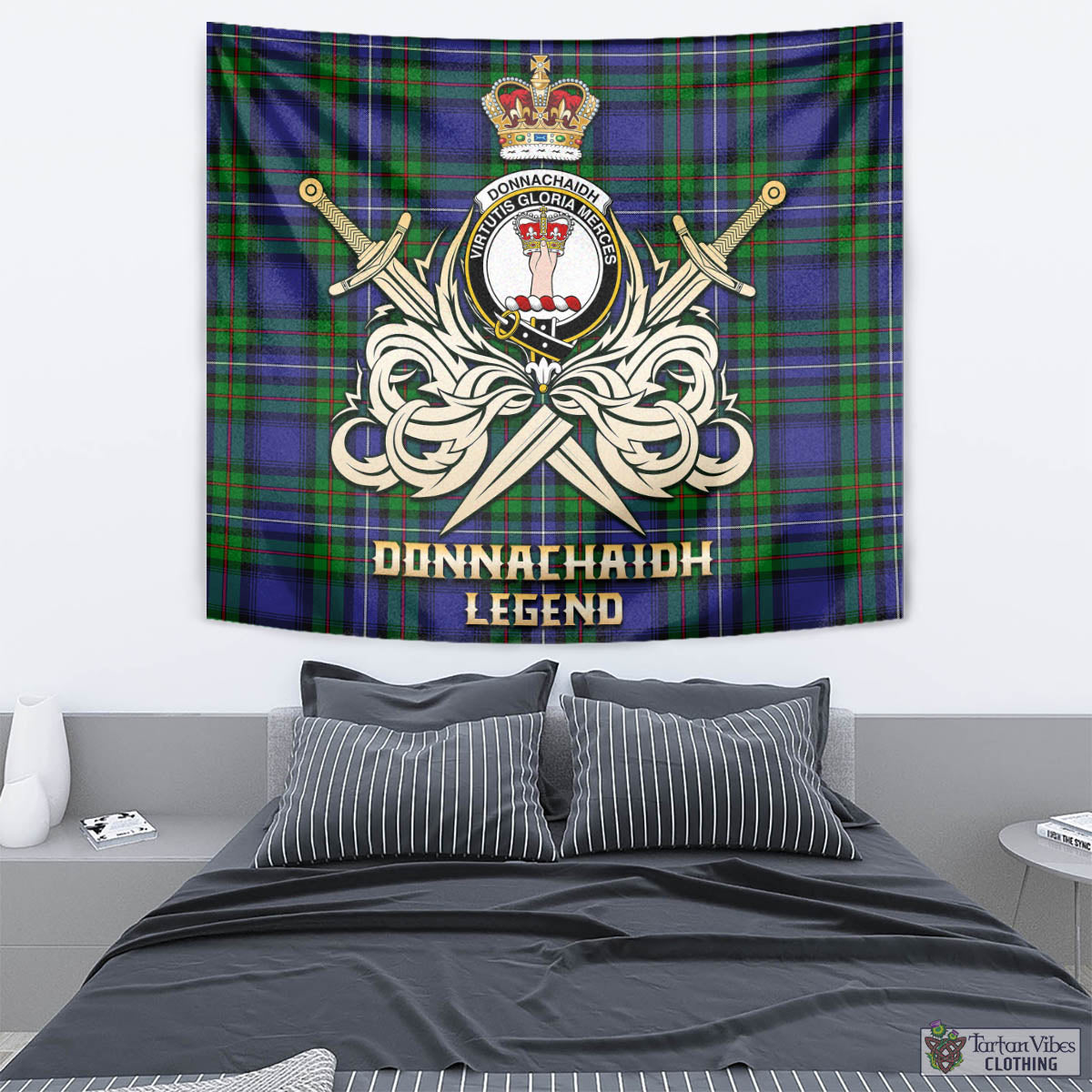 Tartan Vibes Clothing Donnachaidh Tartan Tapestry with Clan Crest and the Golden Sword of Courageous Legacy