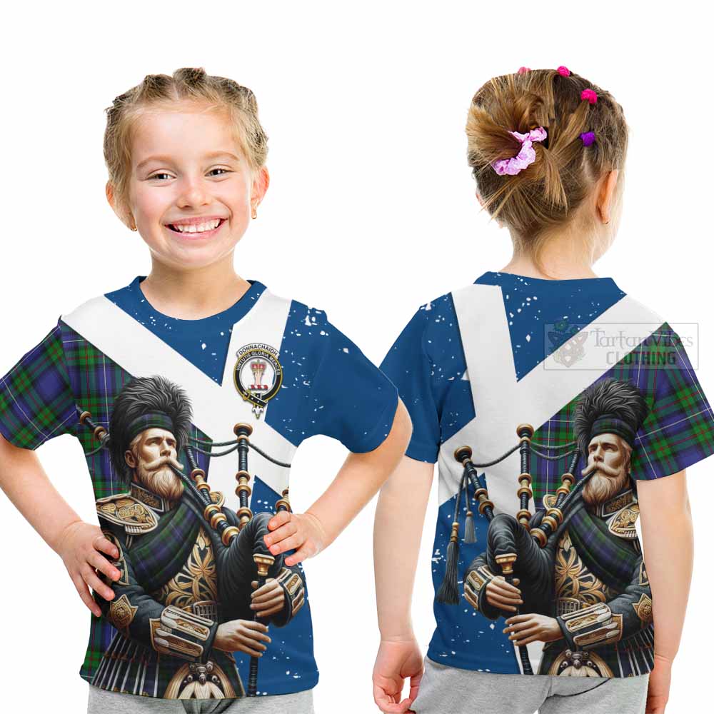 Tartan Vibes Clothing Donnachaidh Tartan Kid T-Shirt with Family Crest Scottish Bagpiper Vibes