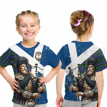 Donnachaidh Tartan Kid T-Shirt with Family Crest Scottish Bagpiper Vibes