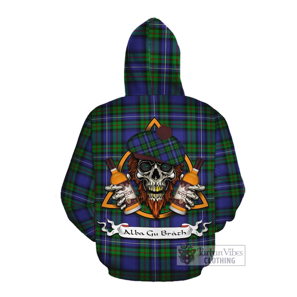 Tartan Vibes Clothing Donnachaidh Tartan Cotton Hoodie with Family Crest and Bearded Skull Holding Bottles of Whiskey