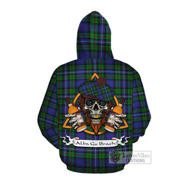 Donnachaidh Tartan Cotton Hoodie with Family Crest and Bearded Skull Holding Bottles of Whiskey