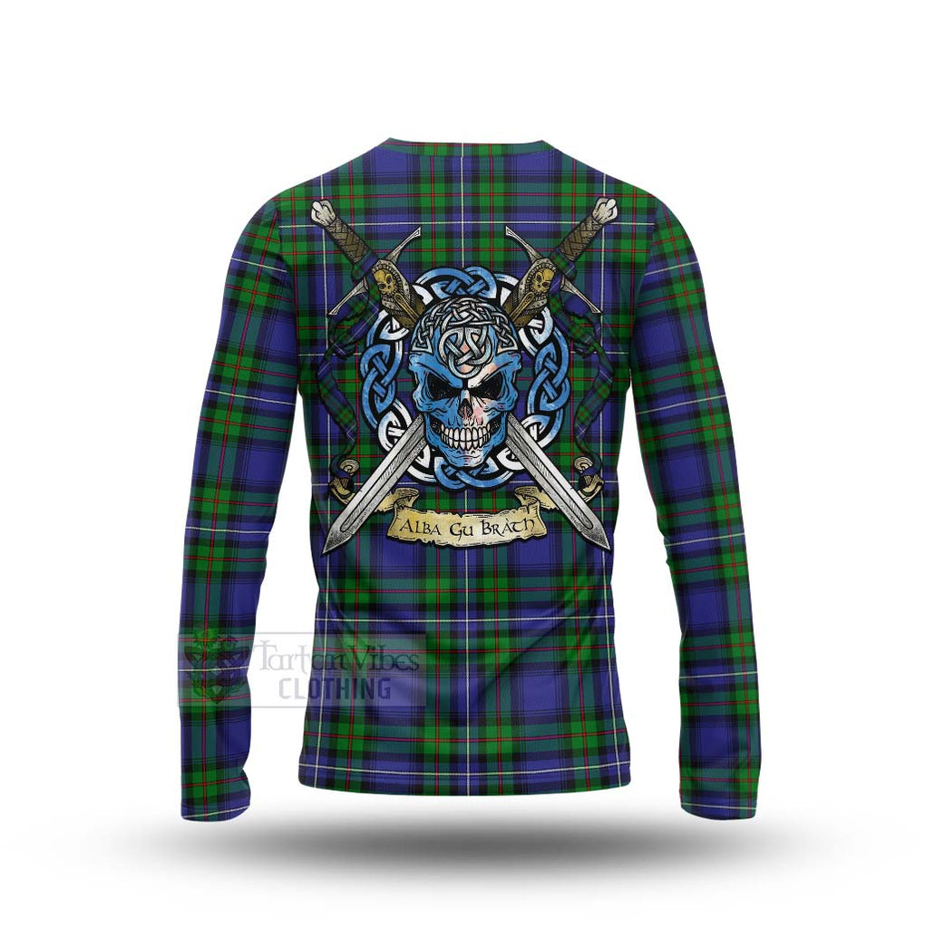 Tartan Vibes Clothing Donnachaidh Tartan Long Sleeve T-Shirt with Family Crest Celtic Skull Style