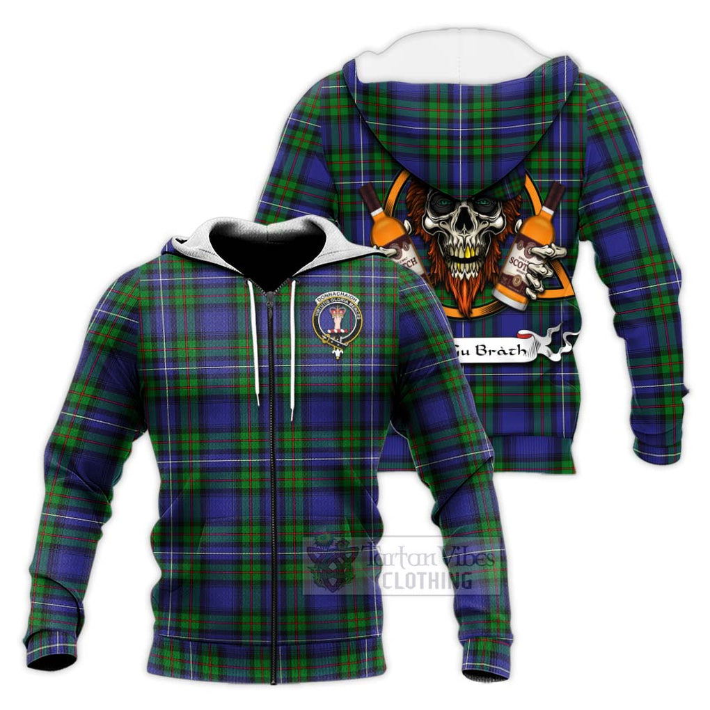 Tartan Vibes Clothing Donnachaidh Tartan Knitted Hoodie with Family Crest and Bearded Skull Holding Bottles of Whiskey