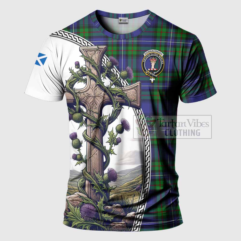 Tartan Vibes Clothing Donnachaidh Agnew Tartan T-Shirt with Family Crest and St. Andrew's Cross Accented by Thistle Vines