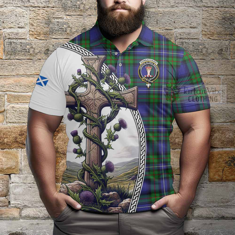 Tartan Vibes Clothing Donnachaidh Tartan Polo Shirt with Family Crest and St. Andrew's Cross Accented by Thistle Vines