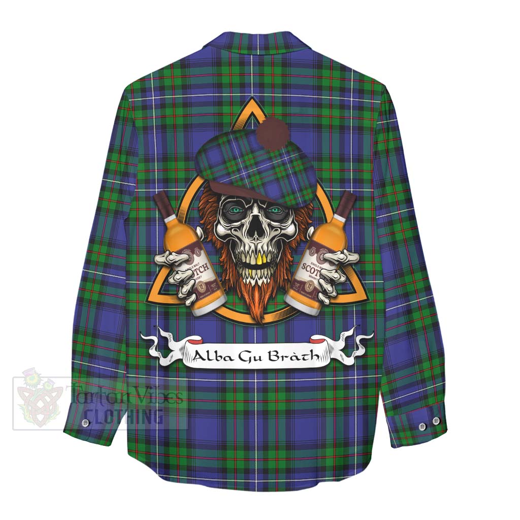 Tartan Vibes Clothing Donnachaidh Tartan Women's Casual Shirt with Family Crest and Bearded Skull Holding Bottles of Whiskey