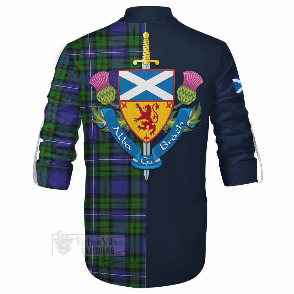 Donnachaidh Tartan Ghillie Kilt Shirt Alba with Scottish Lion Royal Arm Half Style