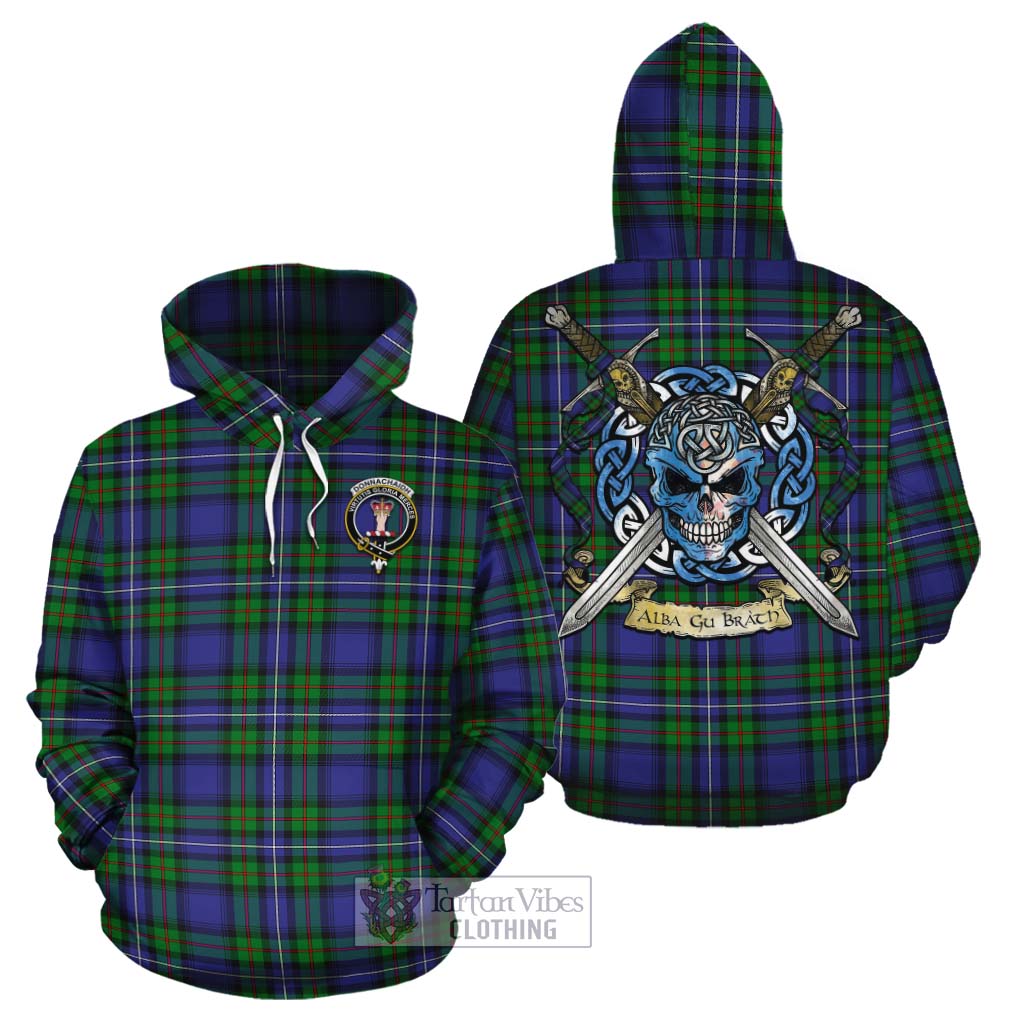 Tartan Vibes Clothing Donnachaidh Tartan Cotton Hoodie with Family Crest Celtic Skull Style