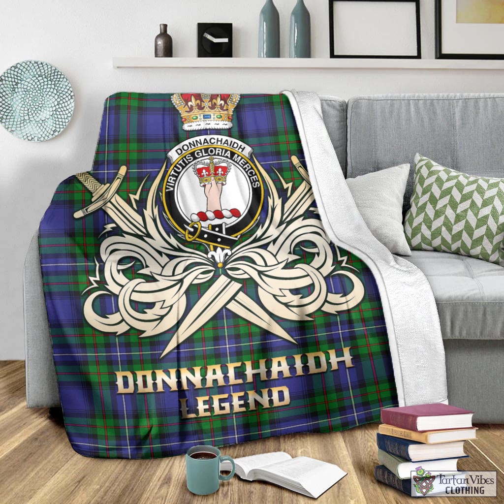 Tartan Vibes Clothing Donnachaidh Tartan Blanket with Clan Crest and the Golden Sword of Courageous Legacy