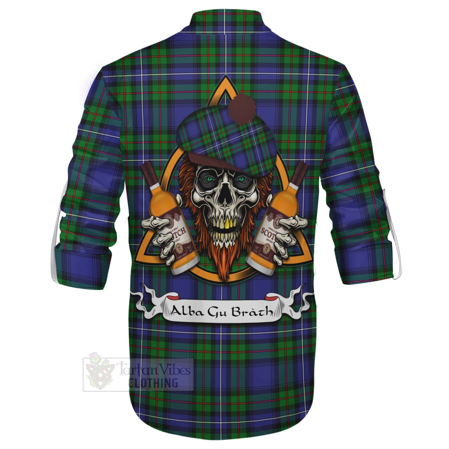 Tartan Vibes Clothing Donnachaidh Tartan Ghillie Kilt Shirt with Family Crest and Bearded Skull Holding Bottles of Whiskey