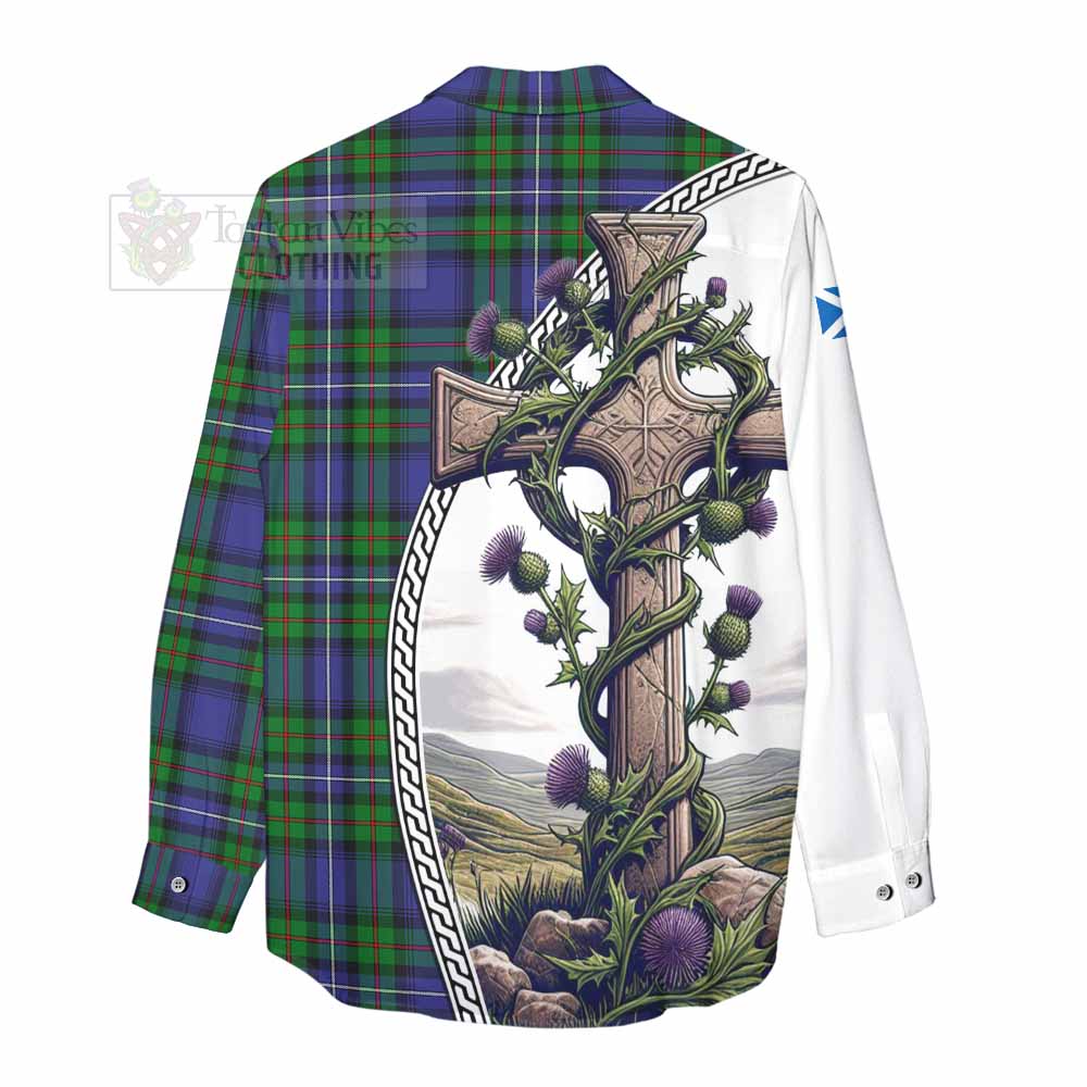 Tartan Vibes Clothing Donnachaidh Tartan Women's Casual Shirt with Family Crest and St. Andrew's Cross Accented by Thistle Vines