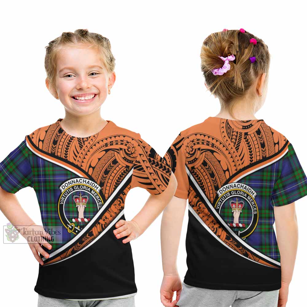 Tartan Vibes Clothing Donnachaidh Crest Tartan Kid T-Shirt with Maori Tattoo Style - Orange Version