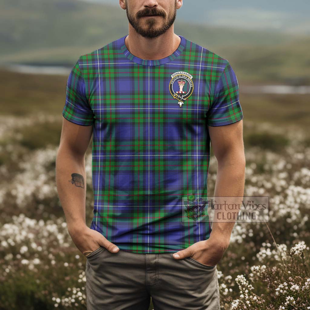 Tartan Vibes Clothing Donnachaidh Tartan T-Shirt with Family Crest and Bearded Skull Holding Bottles of Whiskey