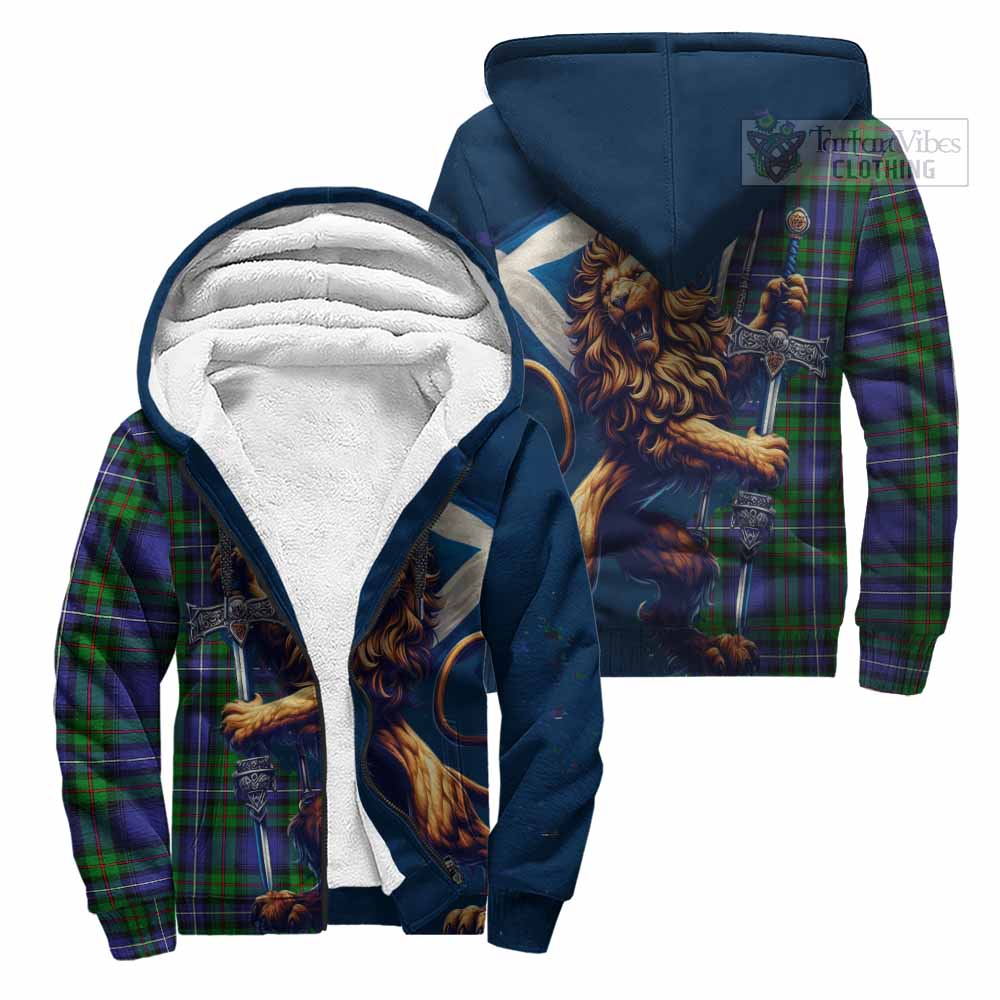 Tartan Vibes Clothing Donnachaidh Tartan Family Crest Sherpa Hoodie with Scottish Majestic Lion