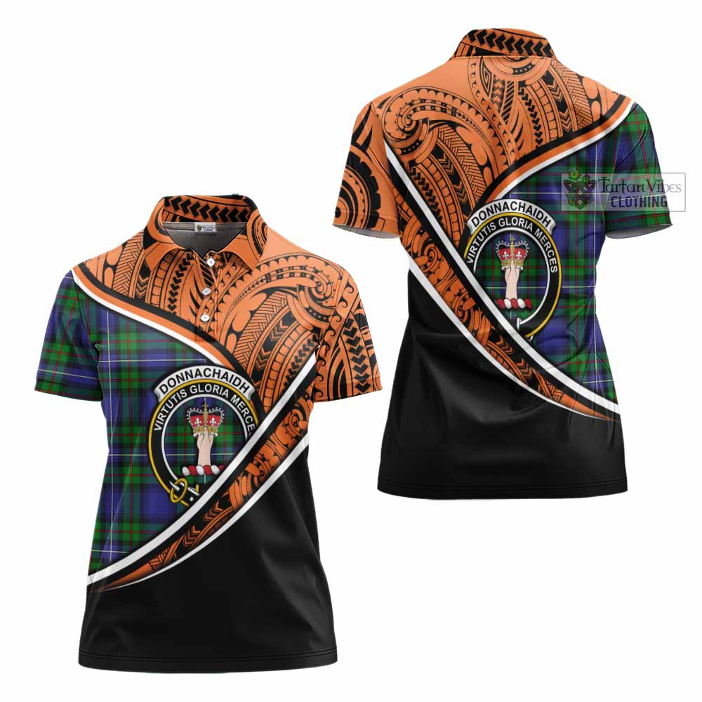 Tartan Vibes Clothing Donnachaidh Crest Tartan Women's Polo Shirt with Maori Tattoo Style - Orange Version