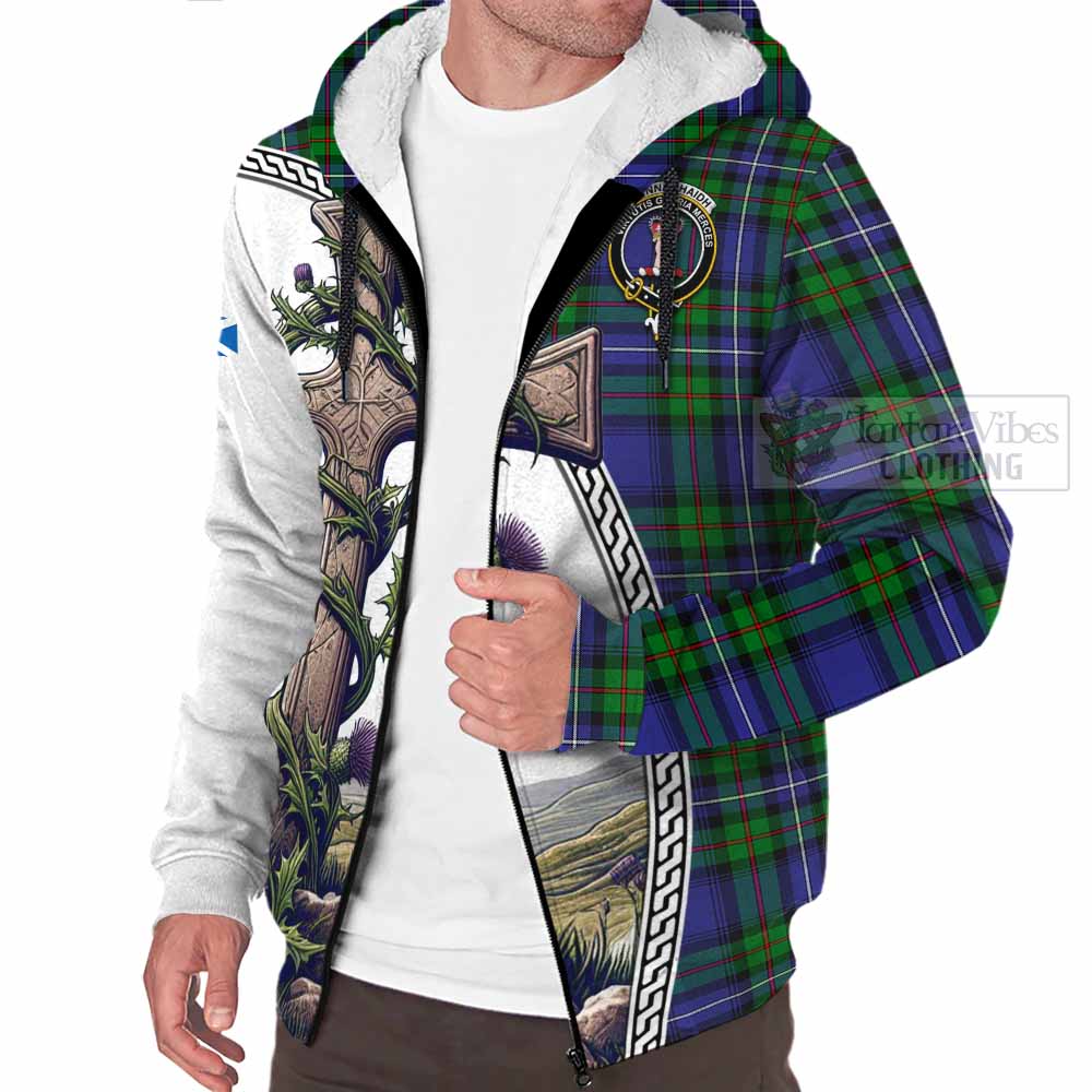 Tartan Vibes Clothing Donnachaidh Tartan Sherpa Hoodie with Family Crest and St. Andrew's Cross Accented by Thistle Vines