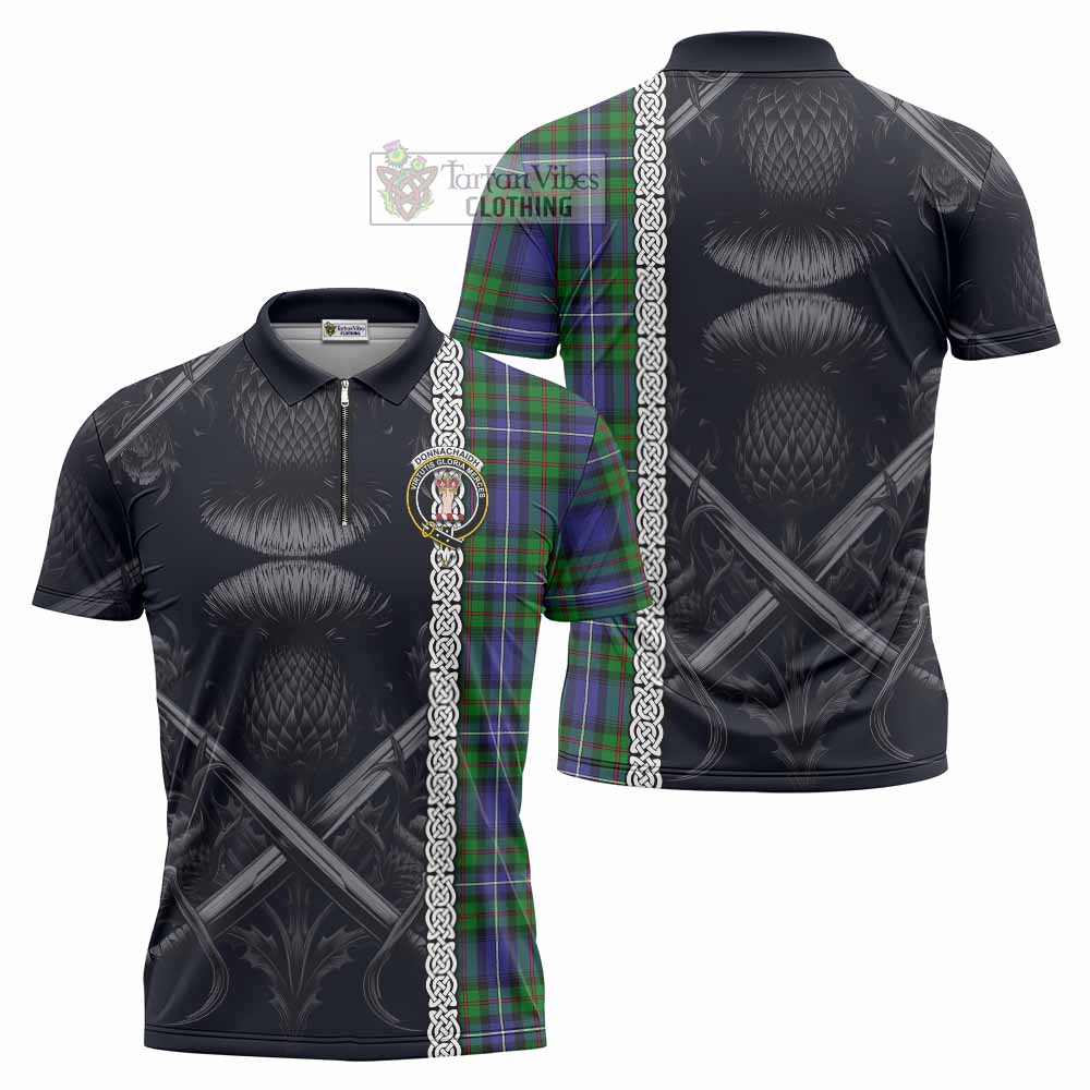 Tartan Vibes Clothing Donnachaidh Tartan Zipper Polo Shirt with Family Crest Cross Sword Thistle Celtic Vibes