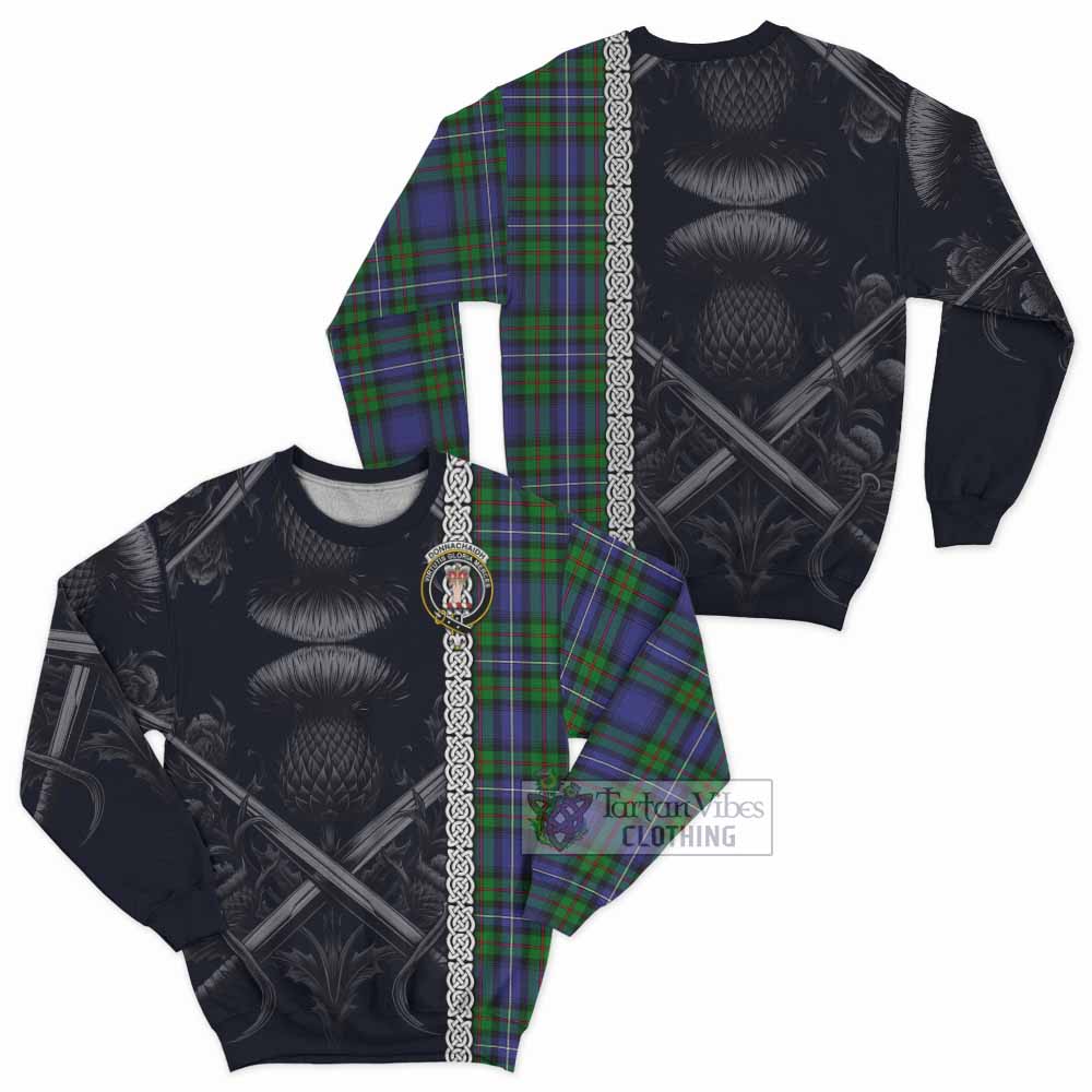 Tartan Vibes Clothing Donnachaidh Tartan Sweatshirt with Family Crest Cross Sword Thistle Celtic Vibes