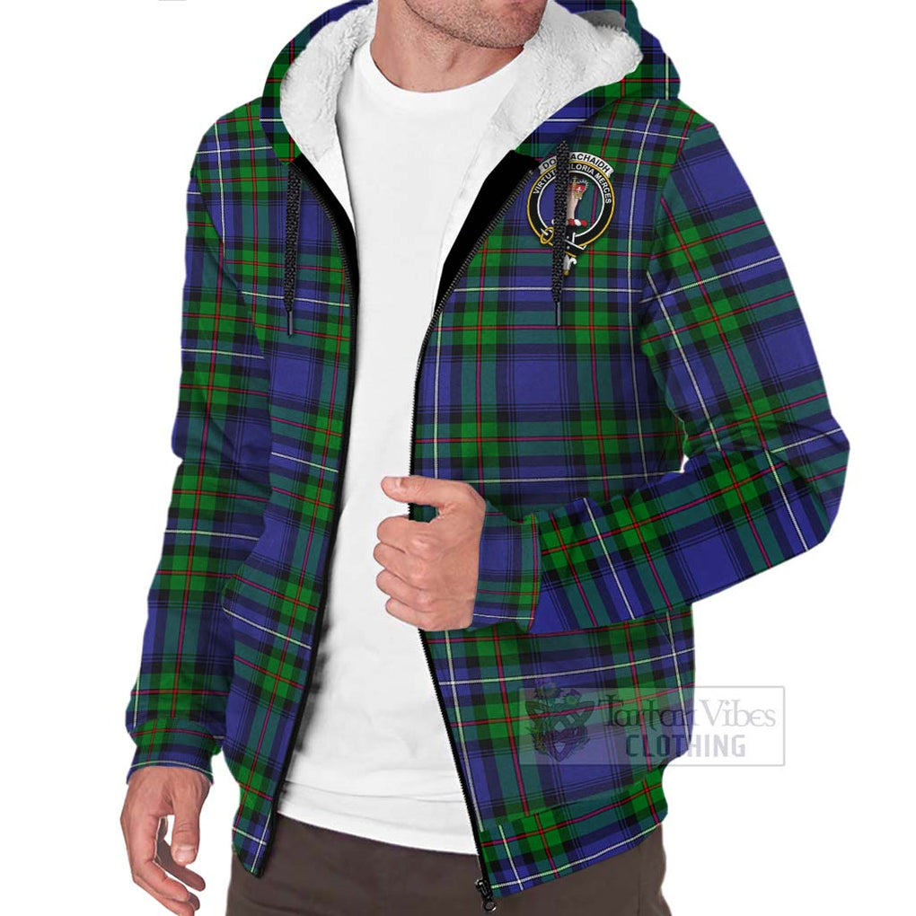 Tartan Vibes Clothing Donnachaidh Tartan Sherpa Hoodie with Family Crest Celtic Skull Style