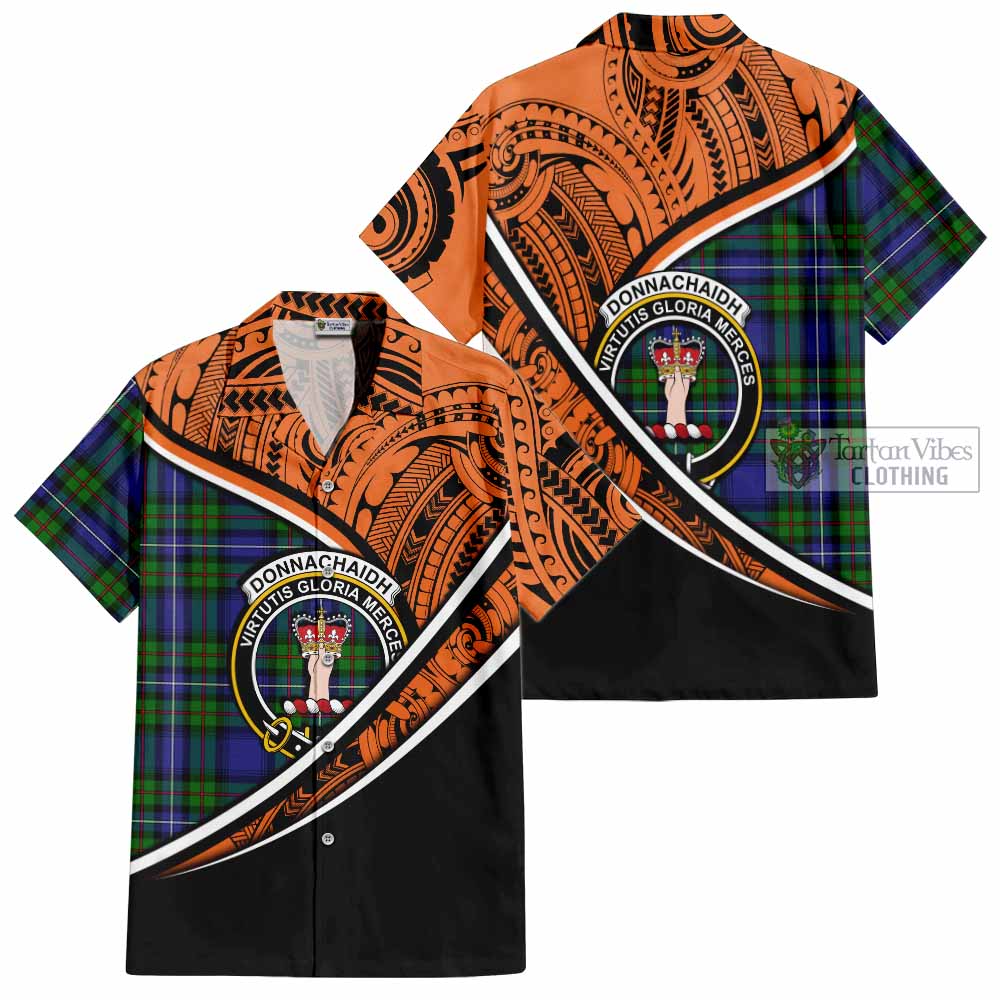 Tartan Vibes Clothing Donnachaidh Crest Tartan Short Sleeve Button Shirt with Maori Tattoo Style - Orange Version