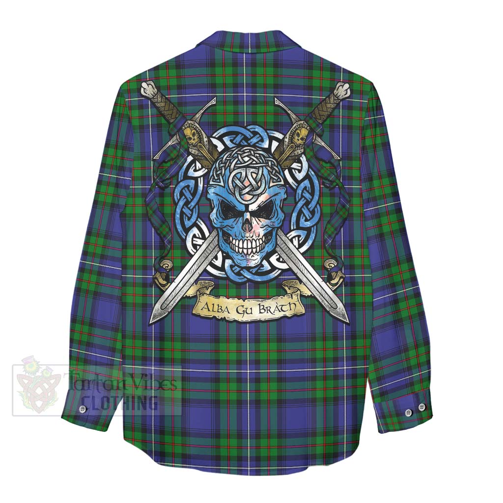 Tartan Vibes Clothing Donnachaidh Tartan Women's Casual Shirt with Family Crest Celtic Skull Style