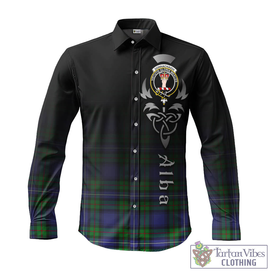 Tartan Vibes Clothing Donnachaidh Tartan Long Sleeve Button Up Featuring Alba Gu Brath Family Crest Celtic Inspired