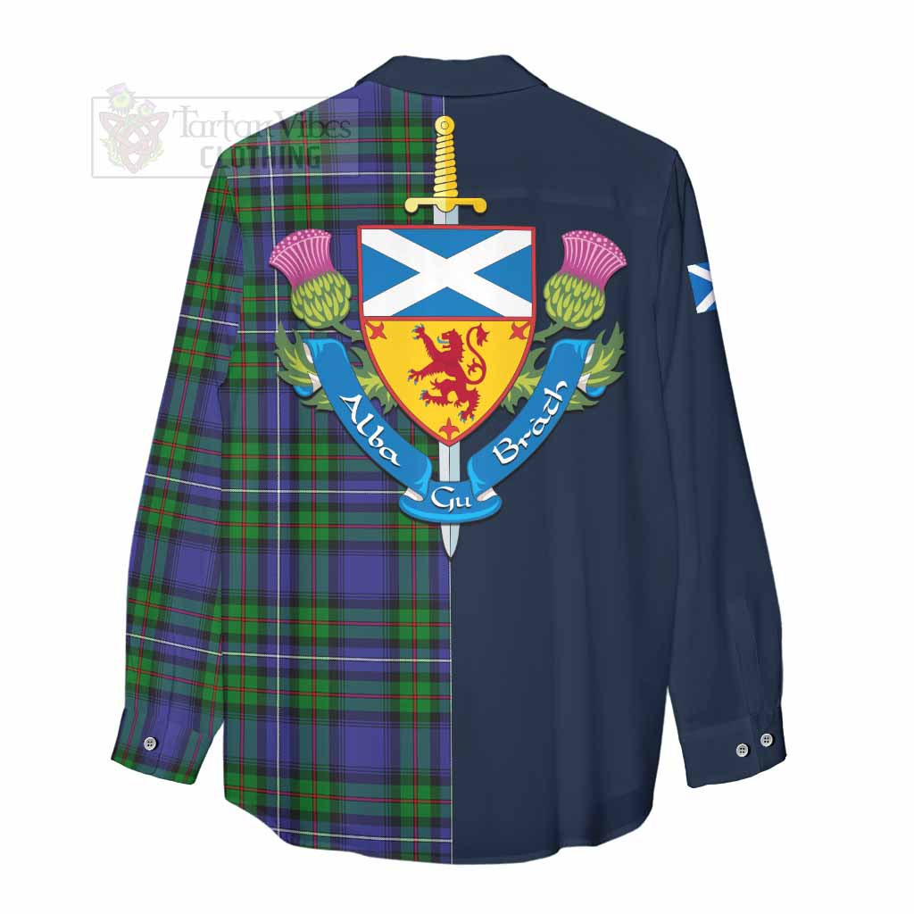 Tartan Vibes Clothing Donnachaidh Tartan Women's Casual Shirt Alba with Scottish Lion Royal Arm Half Style