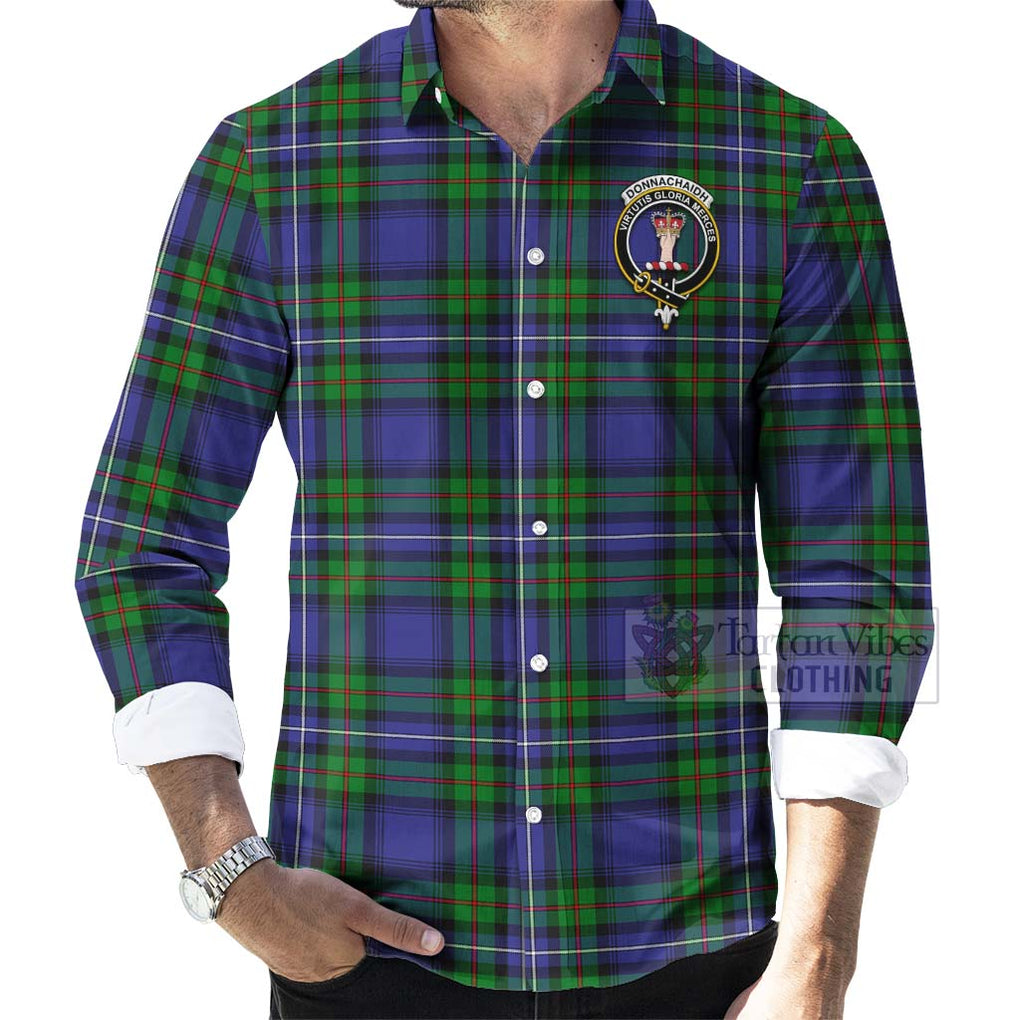 Tartan Vibes Clothing Donnachaidh Tartan Long Sleeve Button Shirt with Family Crest and Bearded Skull Holding Bottles of Whiskey