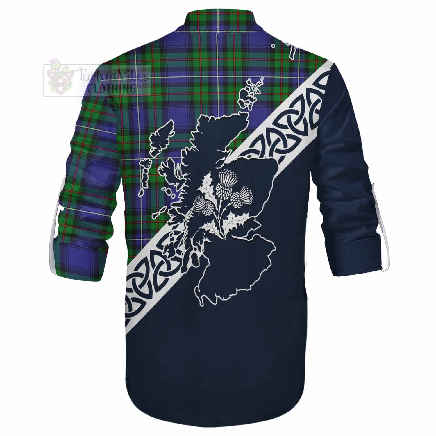 Tartan Vibes Clothing Donnachaidh Tartan Ghillie Kilt Shirt Featuring Thistle and Scotland Map